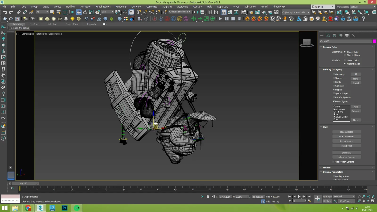 Character Trott rigging setup in 3ds Max, showing control points for animation.