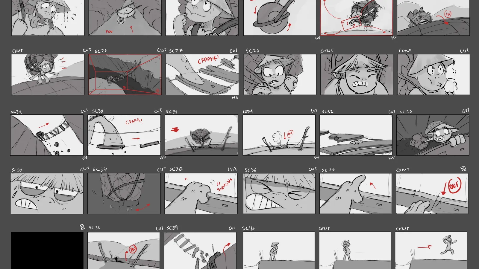 Bocetos del storyboard que ilustran varias escenas y ángulos del viaje del personaje de la tortuga