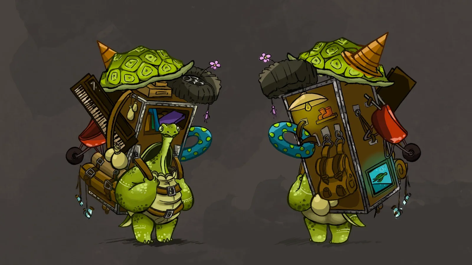 Concept art of a turtle character with different objects attached to its shell.