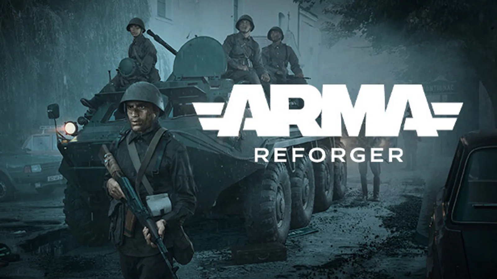 Promotional poster for Arma Reforger, depicting a group of soldiers in military uniforms, standing by an armored vehicle, set in a war-like atmosphere.