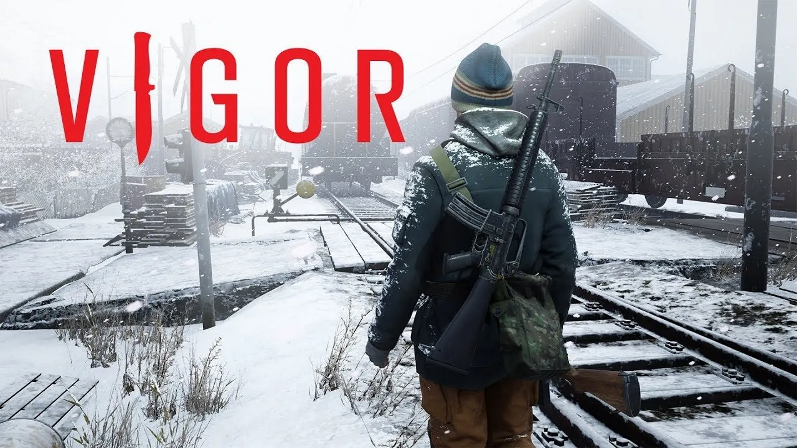 A poster of the video game Vigor featuring a soldier in winter gear holding a pistol, with other characters in gas masks and military outfits in the background, set against a snowy, war-torn environment.