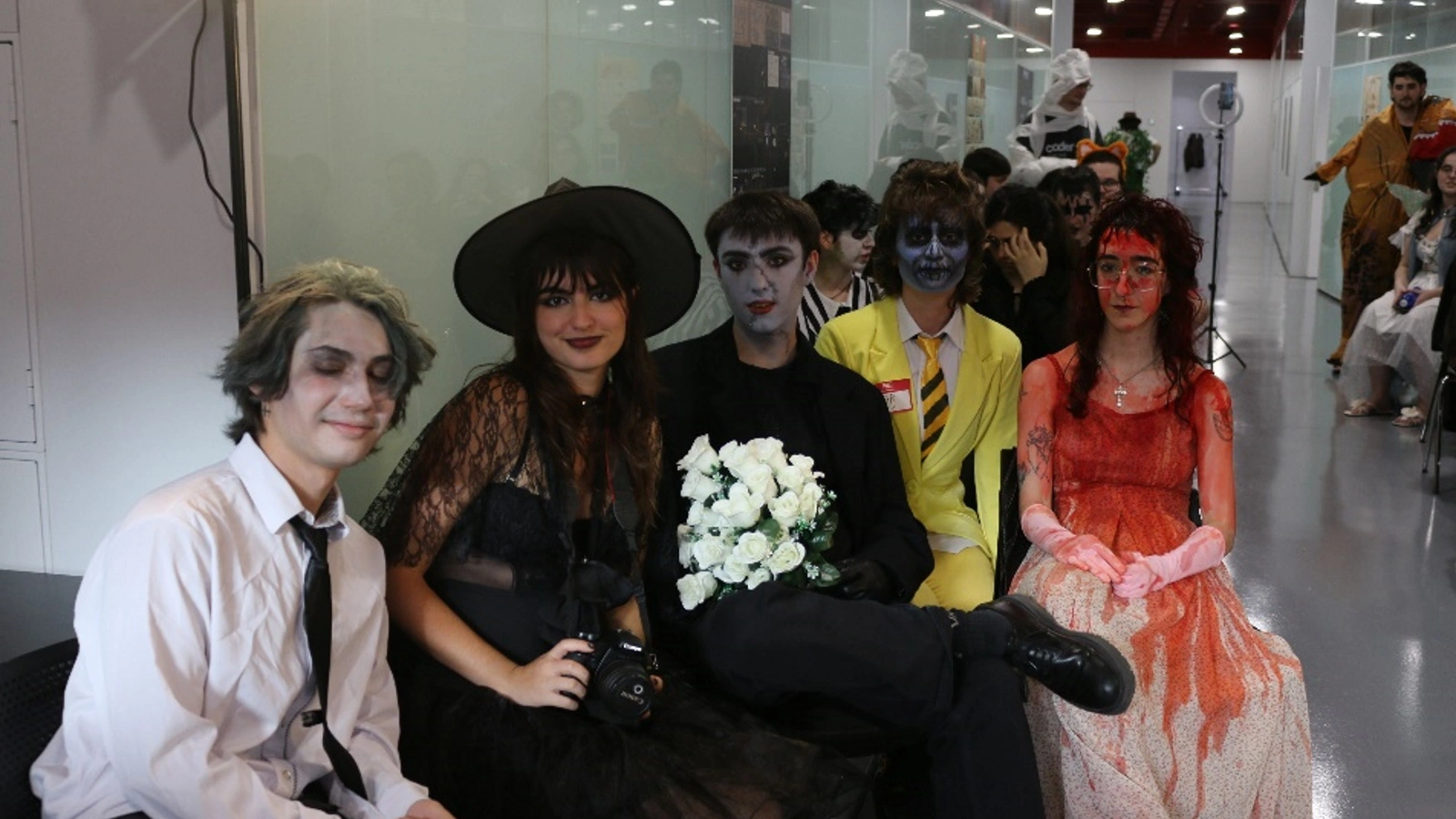 Students dressed as eerie characters during the Costume Contest at DigiPen Europe-Bilbao, ready to impress with their spooky looks.