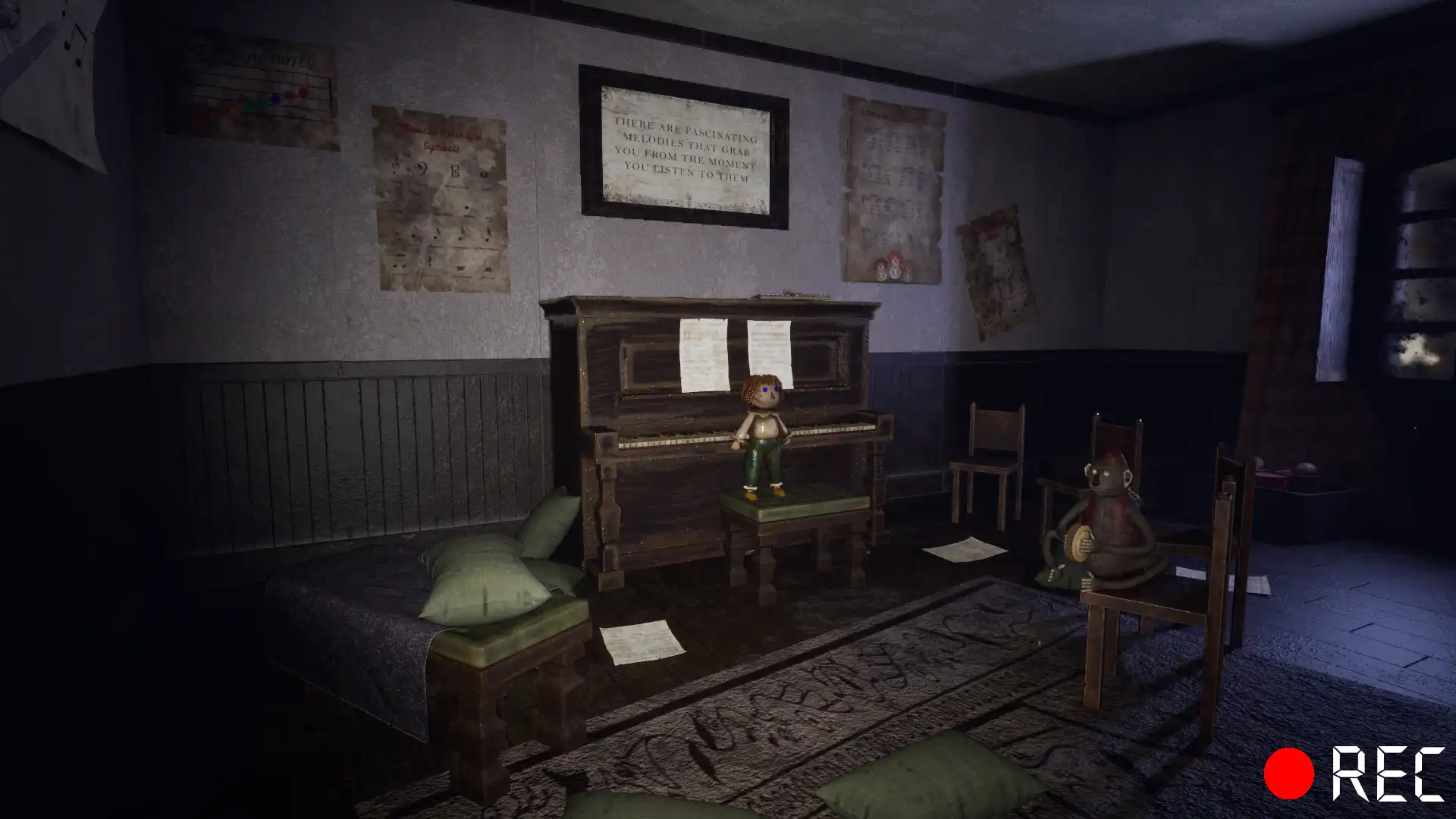 A dimly lit room with a piano and eerie doll, capturing a horror atmosphere.