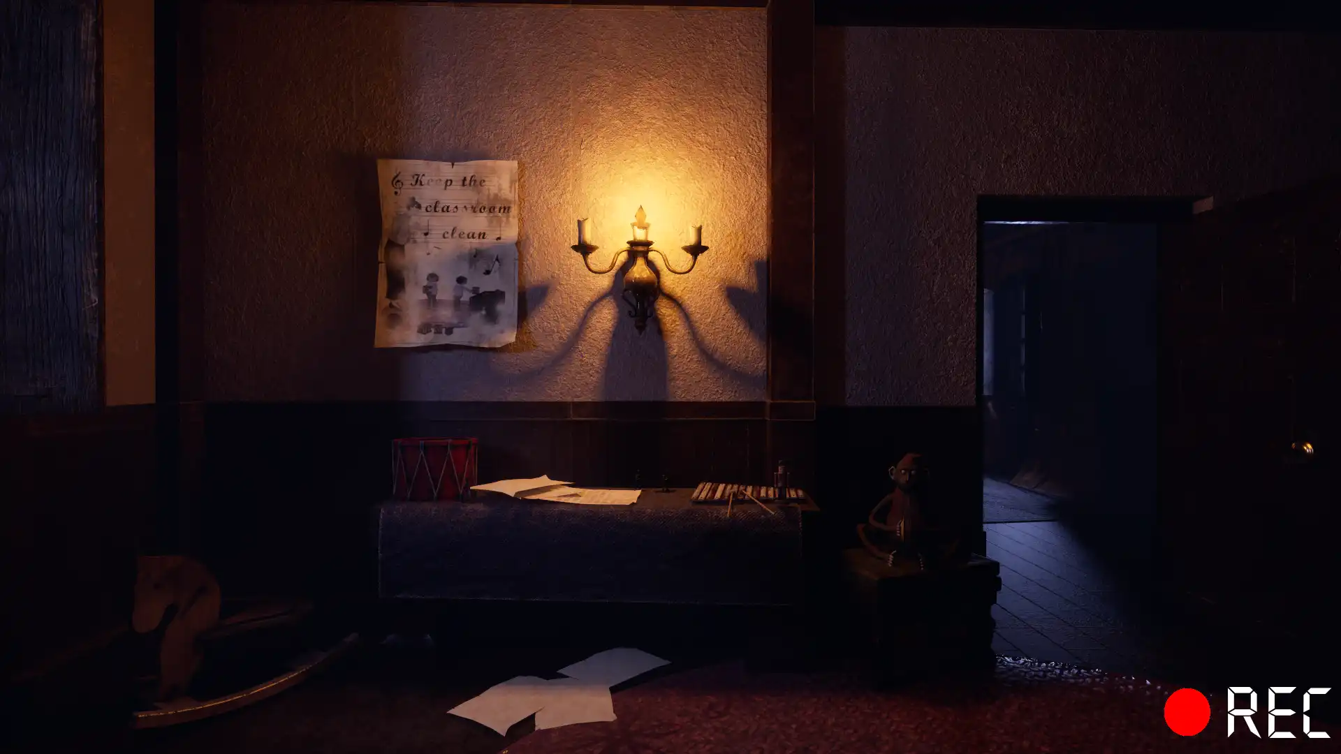 A close-up of an eerie hallway with warm lighting and unsettling ambiance.