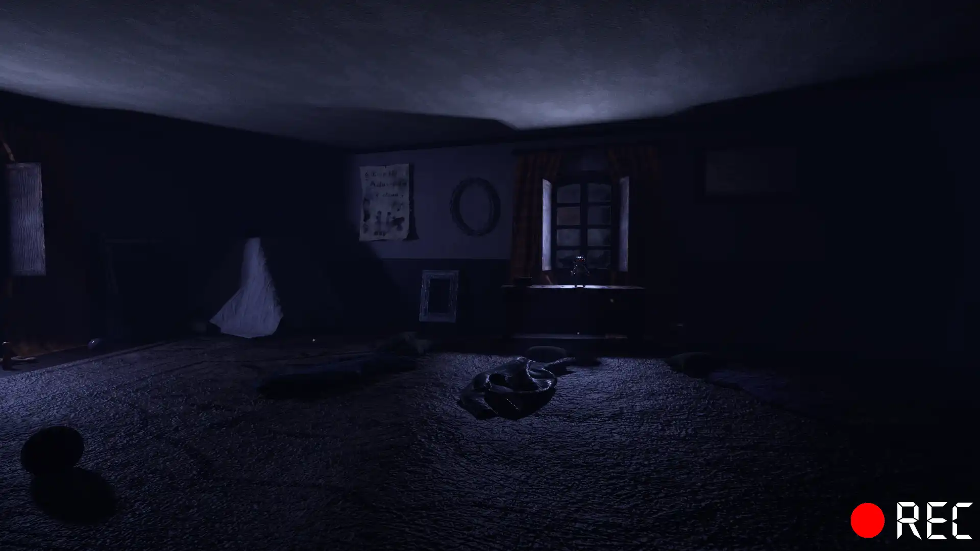 A creepy bedroom with faint light and scattered objects, adding to the ominous tone.