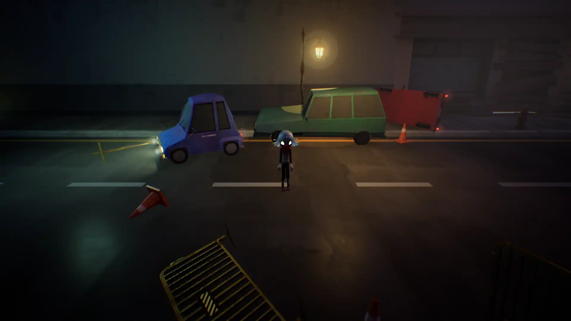 A character exploring a dimly lit urban street with abandoned cars.