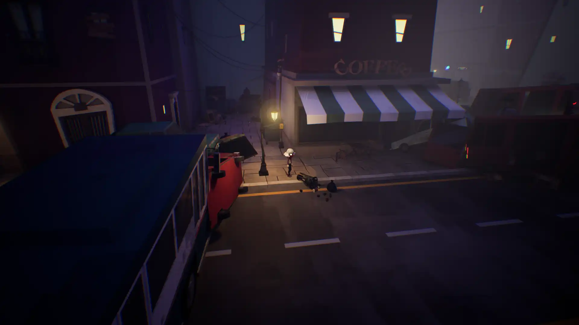 A character stands in a deserted town near a café with scattered debris.