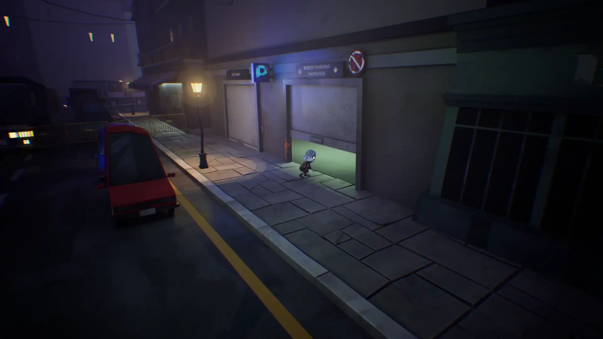 A character enters an underground parking area with a mysterious green glow.