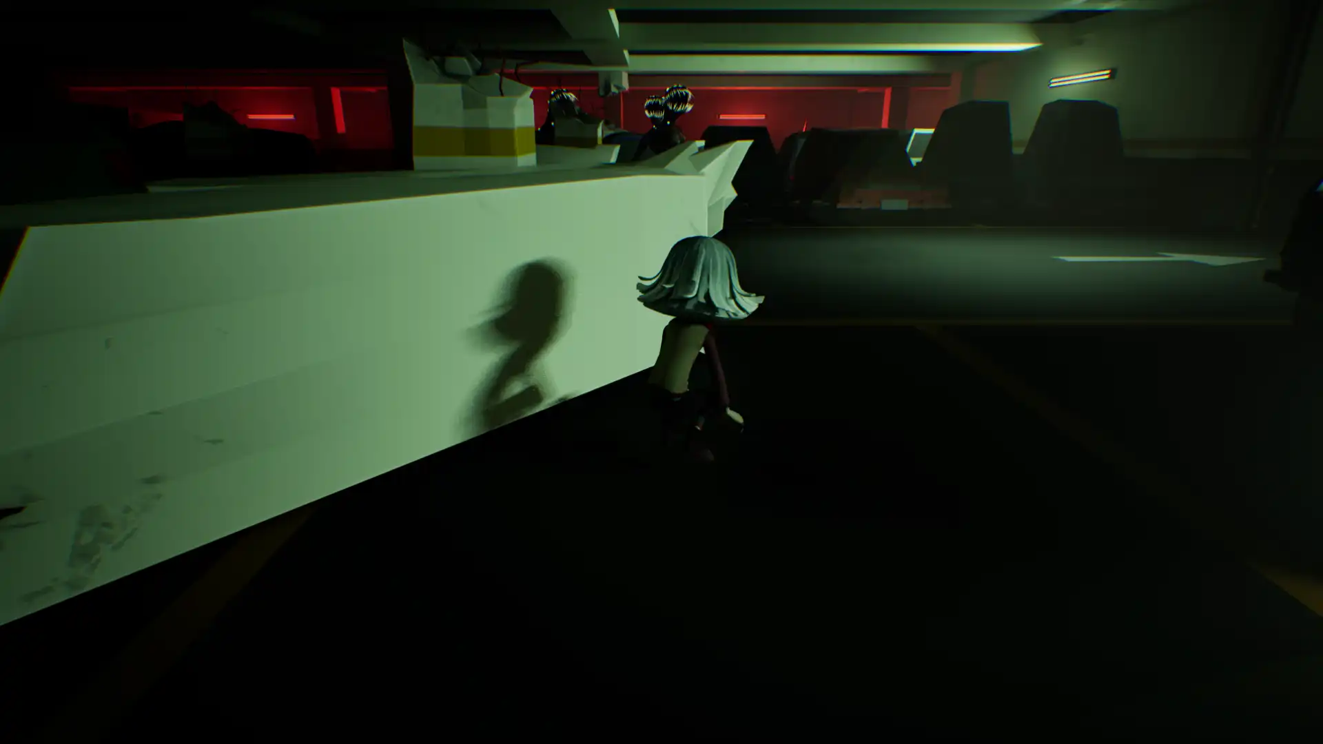 A tense moment with a character hiding from creatures in a dark parking lot.