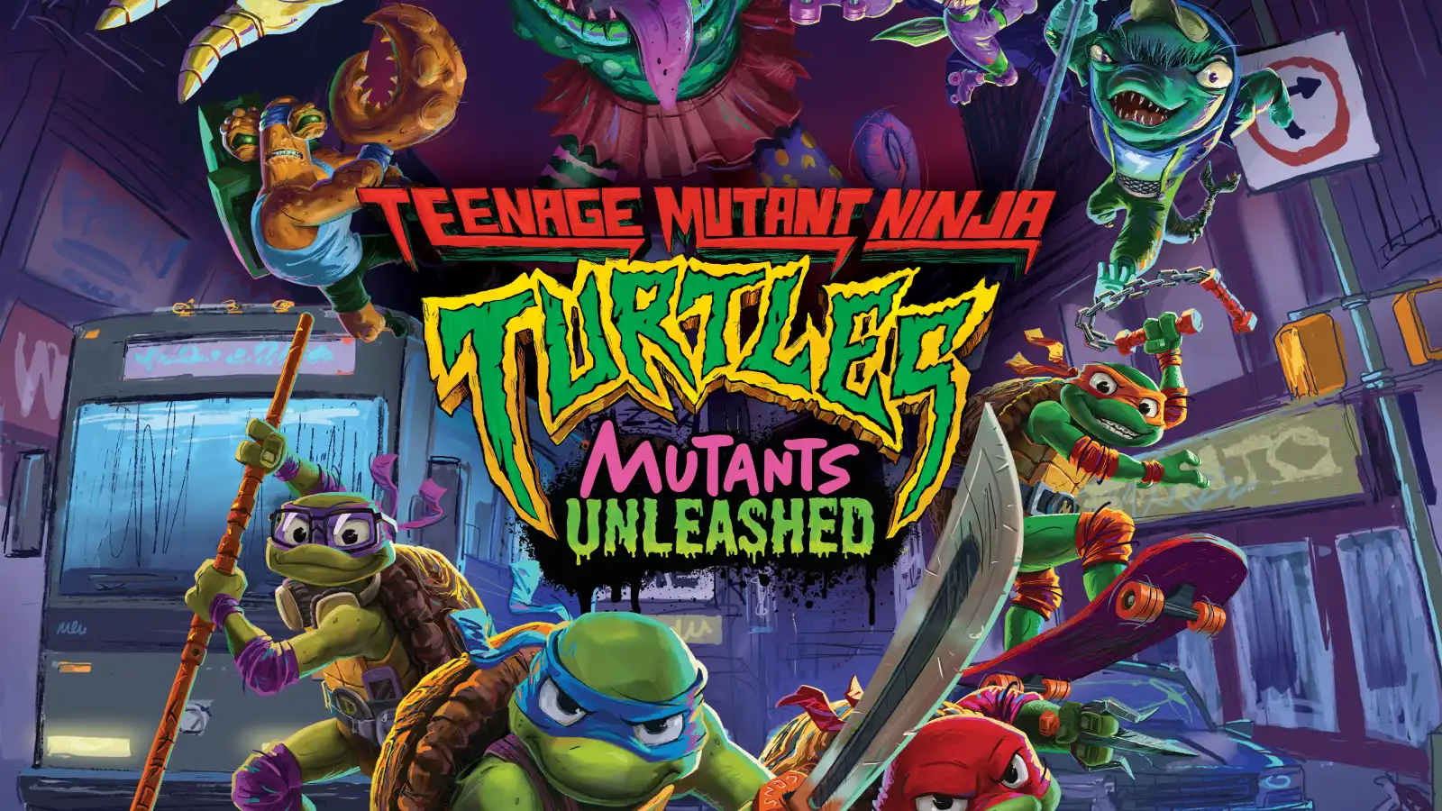 Arte promocional del videojuego Teenage Mutant Ninja Turtles: Mutants Unleashed, con personajes coloridos en una pose dinámica y llena de acción.